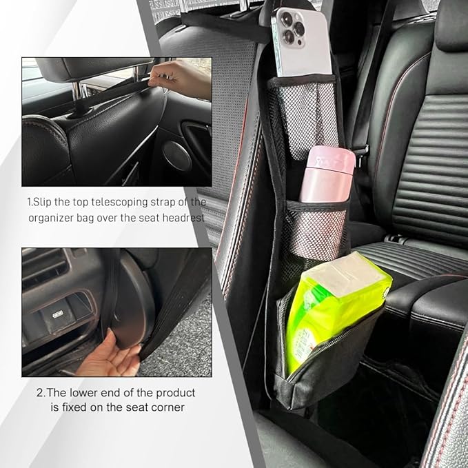 Car Seat Side Organizer, Seat Side Storage Pocket, Multifunctional Mesh Net Pocket, Car Multi-Pockets Backseat Organizer Side Hanging Bag for Storage Coins, Cell Phones, Glasses (Black, 1PCS)