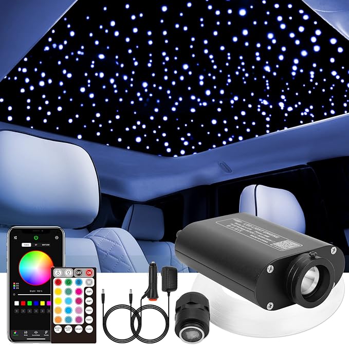CHINLY 16W 300pcs 0.03in 9.8ft Car Use Bluetooth RGBW LED Fiber Optic APP&Remote Music Mode Starlight Headliner Light Kit+Adapter+Cigarette Lighter