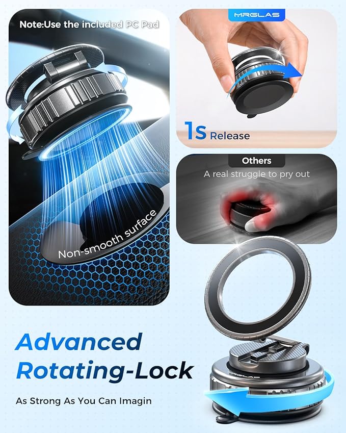 MRGLAS 2026 Upgraded 360° Rotation Vacuum Magnetic Phone Holder Stand,for Magsafe Suction Cup Phone Mount [109+LBS Strongest Suction & Magnetic] Adjustable Swivel Lock, for Your Car/Gym/Mirror/Kitchen