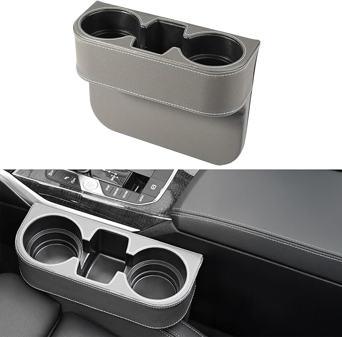 Car Cup Holder Expander & Seat Gap Filler - PU Leather Cover with Stitching, Multifunctional Front Seat Organizer, for Car Truck Van, Holds Large Cups and Phones,Prevent Dropping Items (1 Pack, Gray)