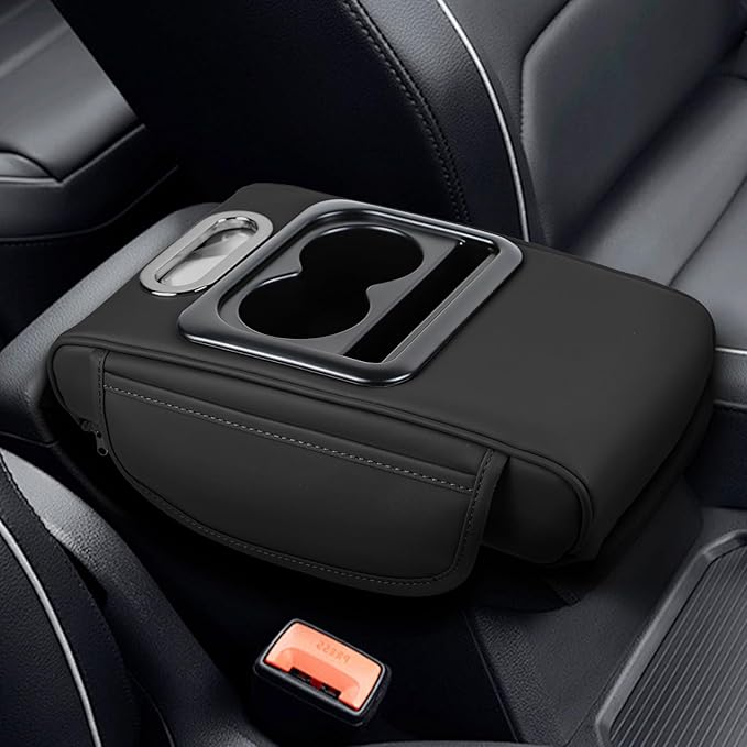 wuyaoyao Car Center Console Cover, 13.39"×8.27"×3.15" Leather Car Armrest Cover with Pocket & Tissue Box & Cup Holder, Multifunctional Auto Armrest Cushion Pad, Universal Car Accessories (Black)