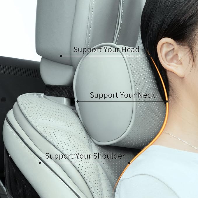 Car Headrest Pillow for Driving - Luxury Leather 100% Memory Foam, Ergonomic Neck Support - Universal Fit Head Rest Travel Pillow for Most Cars, Home & Office, Gray, 1 Pack