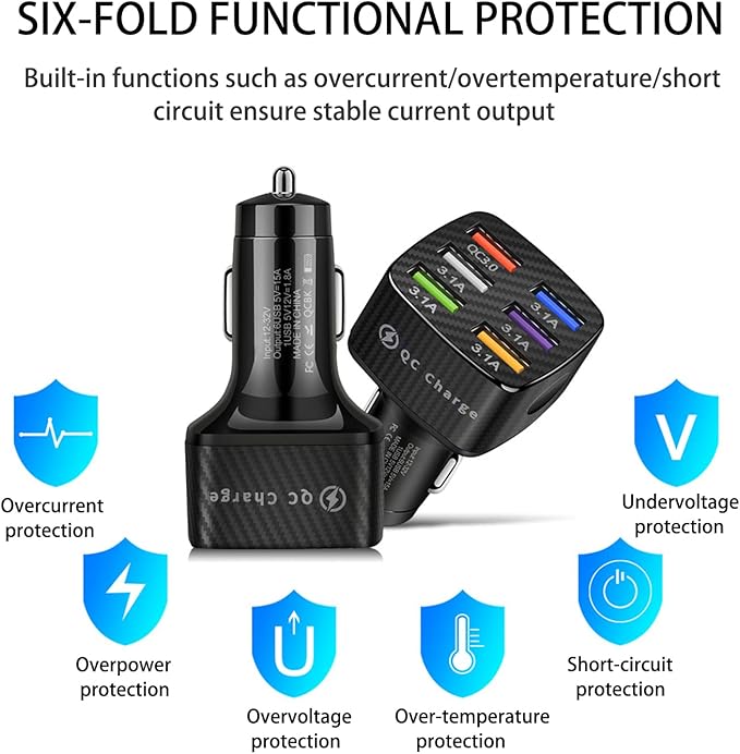 Car Charger Adapter, 6 Ports USB QC3.0 Fast Phone Charger, Car Interior Accessories Fit for All Vehicles, Multi-Port Car Phone Charger with LED Light Display for Smart Phone and More (Black)