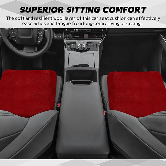 wuyaoyao Sheepskin Car Seat Cushion, Soft Comfort Fur Wool Car Seat Covers, Winter Warm Auto Front Seat Cushion Pad, Fuzzy Seat Bottom Protector Universal for Vehicle Office Chair (Wine Red)