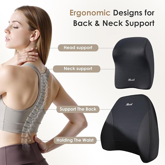 FLORICH Car Neck Pillow and Lumbar Support, Lumbar Support and Headrest Pillow for Car Seat Driver, Memory Foam Back Neck Support Pillow and Car Seat Back Support for Car Office Chair - Black