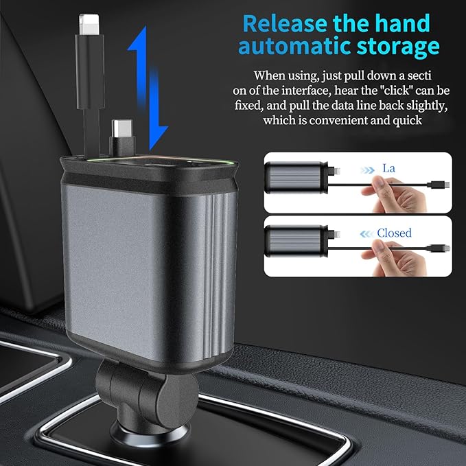Starlight Retractable Car Charger Adapter for iPhone 17,4 in 1 Fast Charging Car Phone Charger,69W USB C Car Truck Accessories,Road Trip Essentials Gift for Men Women for iPhone 17/16/15/14/13,Galaxy