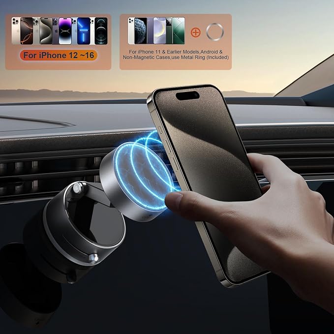 OOCC Vacuum Magnetic Phone Holders for Your Car, 360°Rotating Adjustable Magsafe Car Phone Mount, Foldable Magnetic Car Phone Holder for All Smartphones & All Car Models, Silver Grey