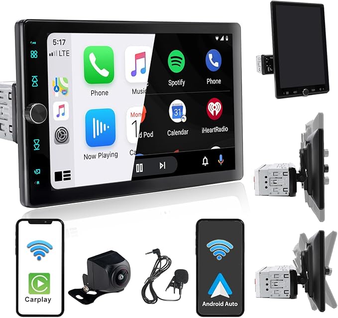Single Din Car Radio Touchscreen (10.4" Rotatable) Compatible with Apple CarPlay [Wireless] Android Auto Car Stereo Bluetooth USB AUX SD Backup Camera