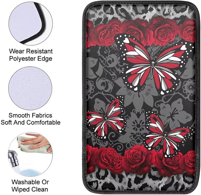 Butterfly Rose Print Center Console Armrest Pad for Cars Dust-Proof Anti-Slip Armrest Seat Storage Box Mat for Car Interior Decor, Easy to Install