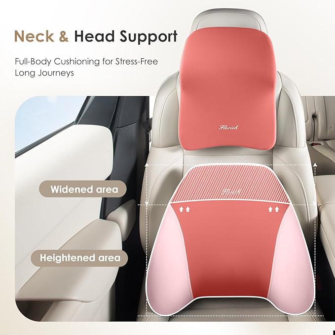 FLORICH Upgraded 3-in-1 Memory Foam Car Seat Cushion Set with Lumbar Support & Neck Pillow, Washable Driving Seat Cushion for Back & Sciatica Pain Relief, Non-Slip Seat Cushion for Car, Office-Pink