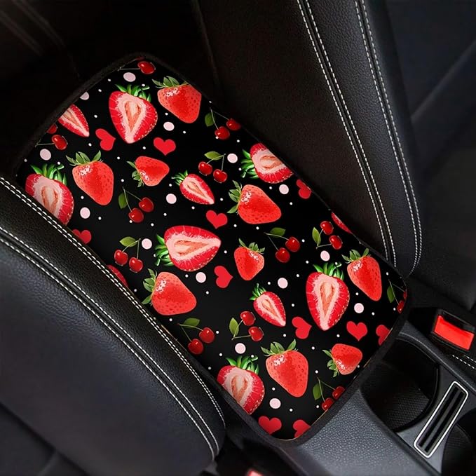 JoyLamoria Car Armrest Cushion Cover Center Console Box Pad Car Accessories with Red Strawberry Print