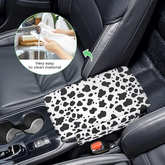 Tupalatus Black Cow Print Center Console Cover with Storage Pockets Car Center Console Replacement Easy Installation Armrest Pad for Cars Water-Resistant Fit for Most Cars, SUVs