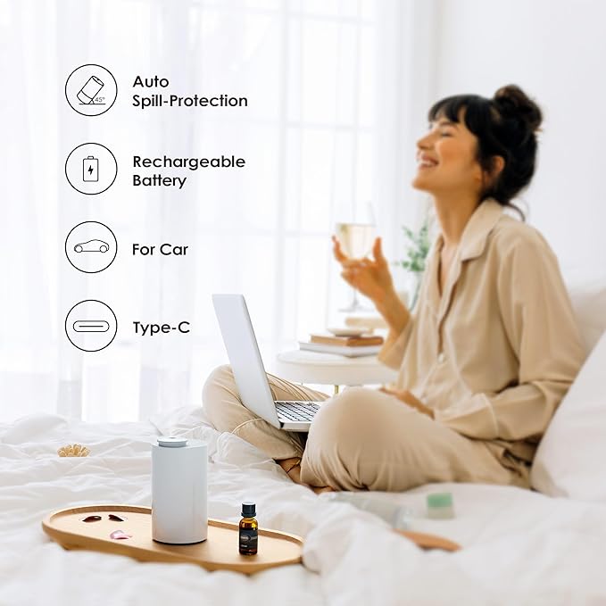 Airversa Waterless Essential Oil Diffuser Starter Kit with 2x20mL Hotel Fragrance Oils, Cordless Nebulizer for Car Home Office, Up to 600 sq ft, Mist/Timer Settings, Baterry Operated, AN6Kit-B, White