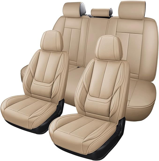 Car Seat Covers Full Set,Black Beige Car Seat Cover, Car Seat Protector Waterproof, Nappa Leather Car Seat Cushion, Fit for Most Cars