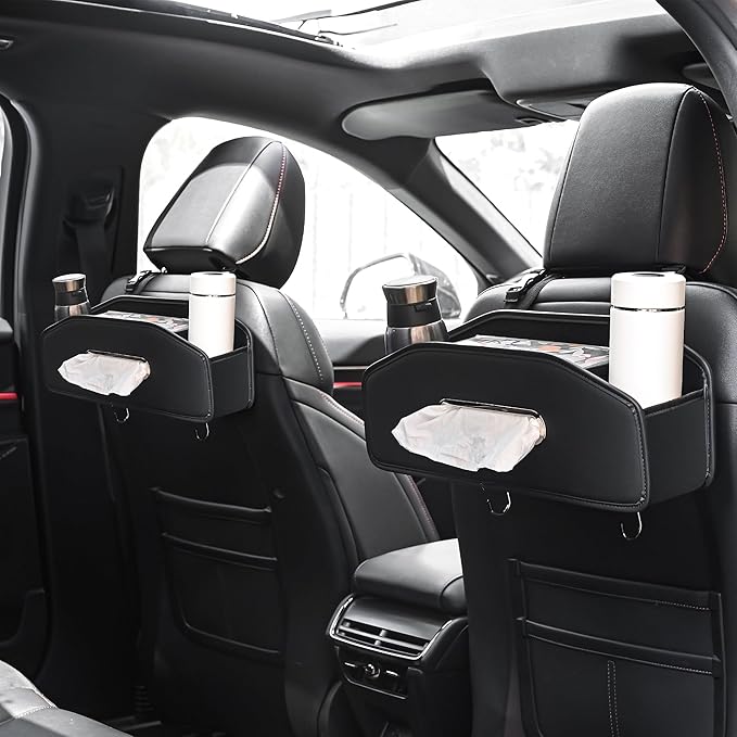 JEYODA Car Seat Back Organizer with 2 Drink Cup Holder,Car Tissue Holder and Storage Box Hook, 3 in 1 Multifunctional Storage for Food Drink Phone, Travel Accessories (Black)