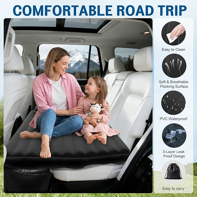 SUV Air Mattress - Thickened Car Air Mattress with Electric Pump, Portable Inflatable Car Bed with 2 Pillows, Camping Mattress Back Seat for SUV Trunk, Travel, Home (Black)