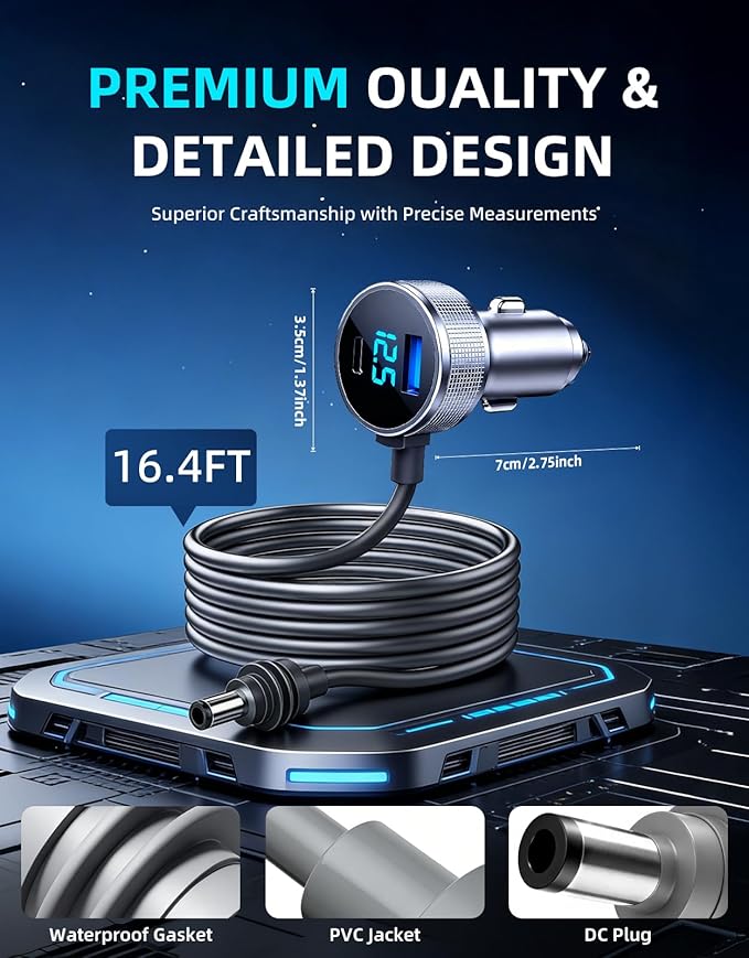 Starlink Mini Cable, 3 in 1 Starlink Mini Car Adapter DC Power Cable and Cigarette Lighter Adapter 12V-48V with Voltage Display, Durable USB-C PD 45W and USB-A 35W Ports，Suitable for Cars（16.4FT）