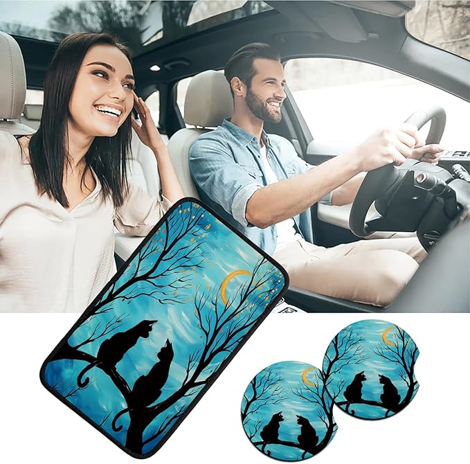 Car Armrest Cover Pads Universal Fashion Cute Auto Center Console Armrest Cover Pad with 2PCS Car Coasters Soft Waterproof Car Armrest Seat Protector for Women, Two Cats Tree Branch Moon