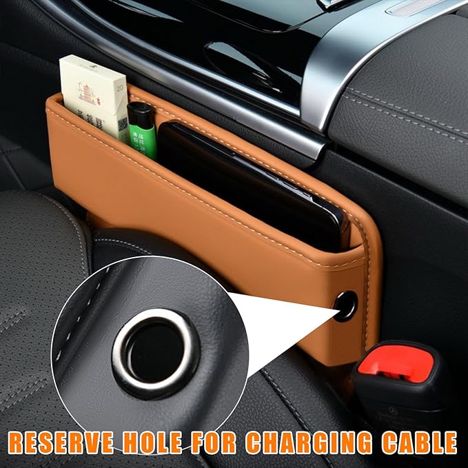 Ziciner Car Seat Gap Organizer, Premium Leather Auto Seat Storage Box, Vehicle Adjustable Front Seat Gap Filler, Car Seat Side Pocket Organizer for Phones, Glasses, Keys, Money, Cards (Khaki)