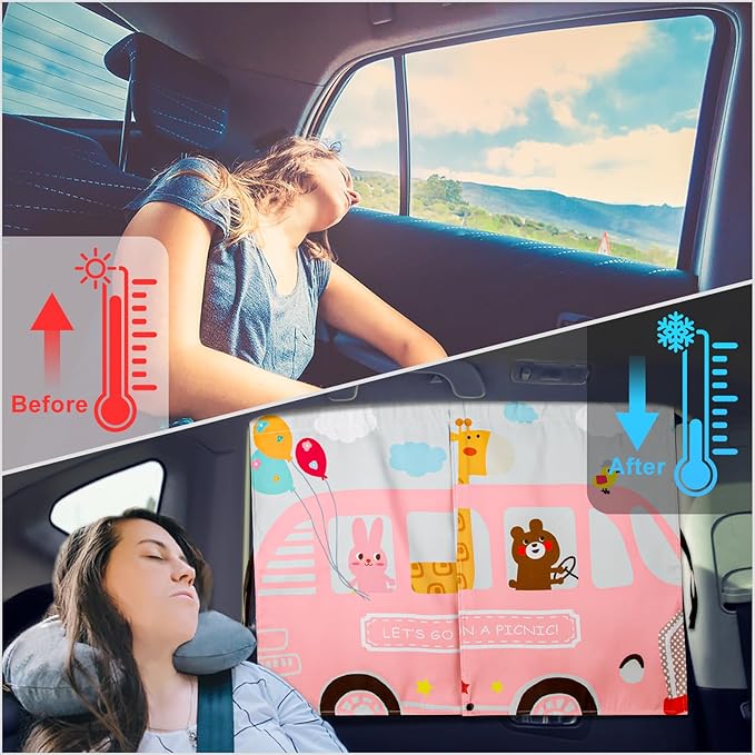 Car Window Shades, 2pcs Magnetic Car Curtains for Side Windows Privacy Full Covers/Half Shade Options, Cute Cartoon Auto Sunshades for Baby Protection Pink