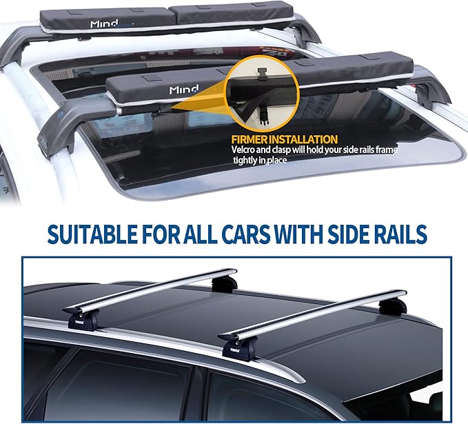 Universal Car Soft Roof Rack for Kayak/Canoe/Surfboard/SUP/Snowboard,Roof Rack Pads Carrier System Include 2 16FT Tie Down Straps,2 Ratchet Pulley Ropes,2 Hood Loops and Storage Bag （with Crossbar）