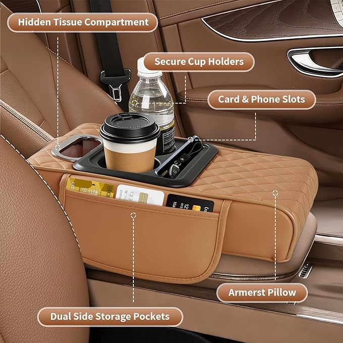 5-in-1 Car Armrest Cushion, Multifunctional PVC Leather Center Console Armrest Pillow Elbow, Universal Arm Box Pad Cover with Cup Holder, Phone Slot, Tissue Box Slot & 2 Storage Bags, Orange