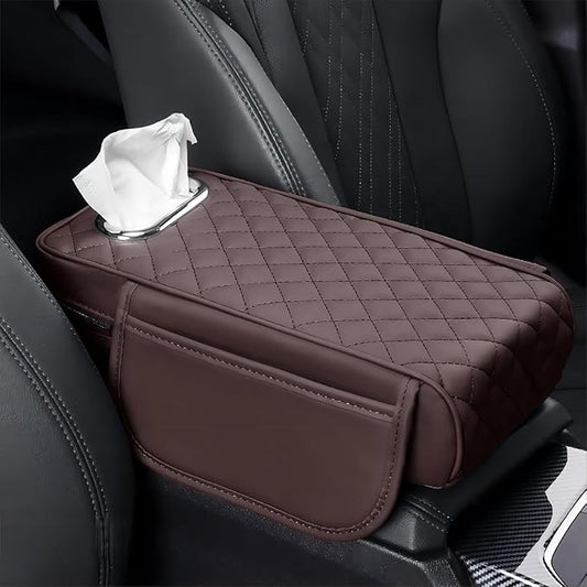 Car Center Console Cover for Fiat 500L (Type 330) 2012-2021, Leather Car Arm Rest Cover, Car Armrest Cushion with 2 Storage Bags Car Center Console Armrest Pad, D Brown