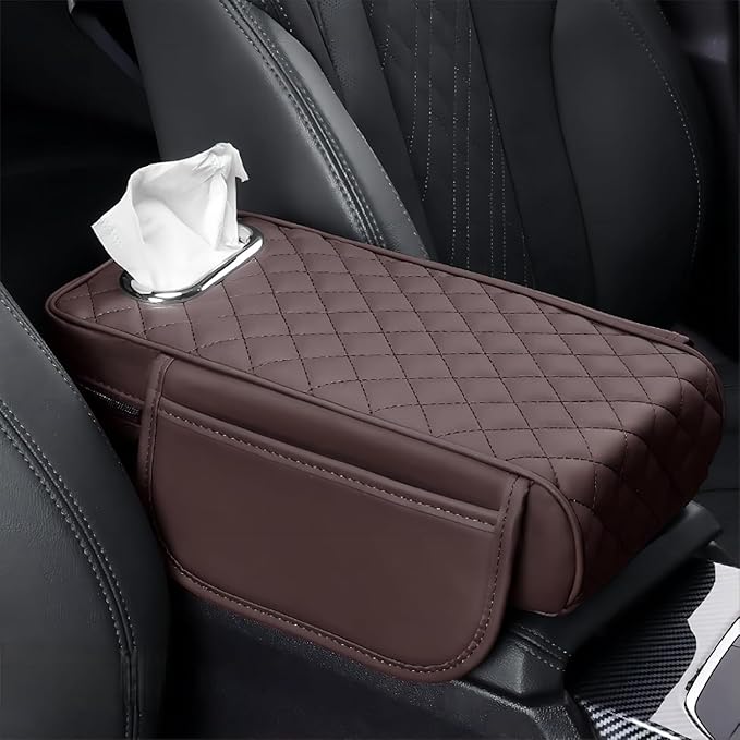 Car Center Console Cover for Infiniti FX SUV FX35 / FX37 / FX40 / FX45 /FX50, Leather Car Arm Rest Cover, Car Armrest Cushion with 2 Storage Bags Car Center Console Armrest Pad, D Brown
