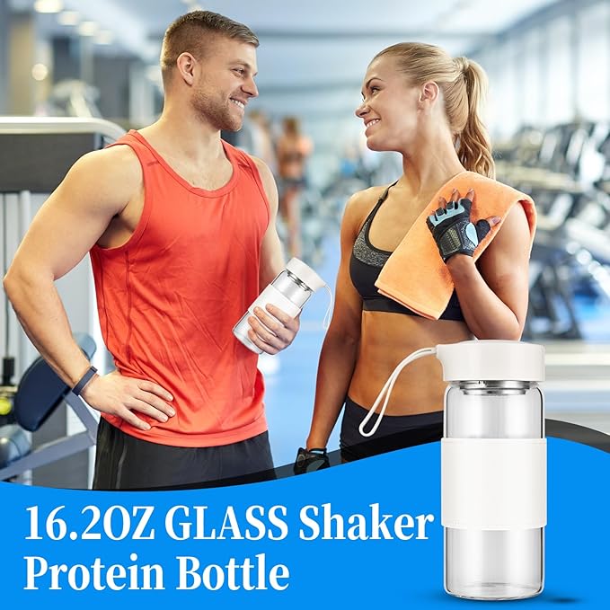 Small Glass Shaker Bottle, 2 Pack 16oz BPA Free Odorless Shaker Bottle with 304SS Mixing Ball and Removable Cleaning Brush for Fitness & Protein Shakes(White-2Pack)