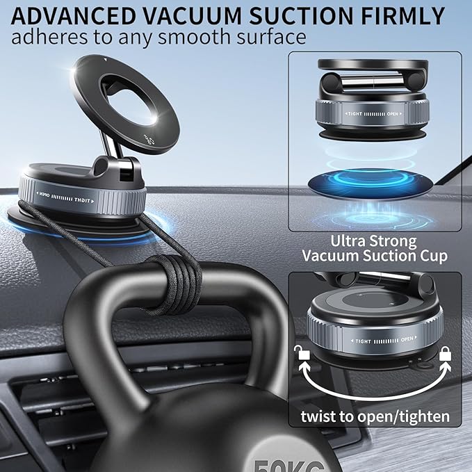 Galundge Vacuum Suction Magnetic Phone Holder, 2025 Upgraded Foldable Retractable Suction Cup Car Phone Mount for Magsafe, 360° Adjustable Magnetic Phone Stand for Cars/Gyms/Mirrors/Smooth Surface