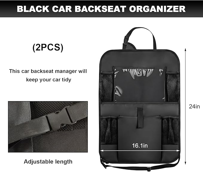 2PCS Car Backseat Organizer, Oxford Car Back Seat Protecter Kick Mat with Touch Screen Tablet Holder, Waterproof Automotive Seatback Storage Bag with Multi Functional Pockets (Large Pocket)