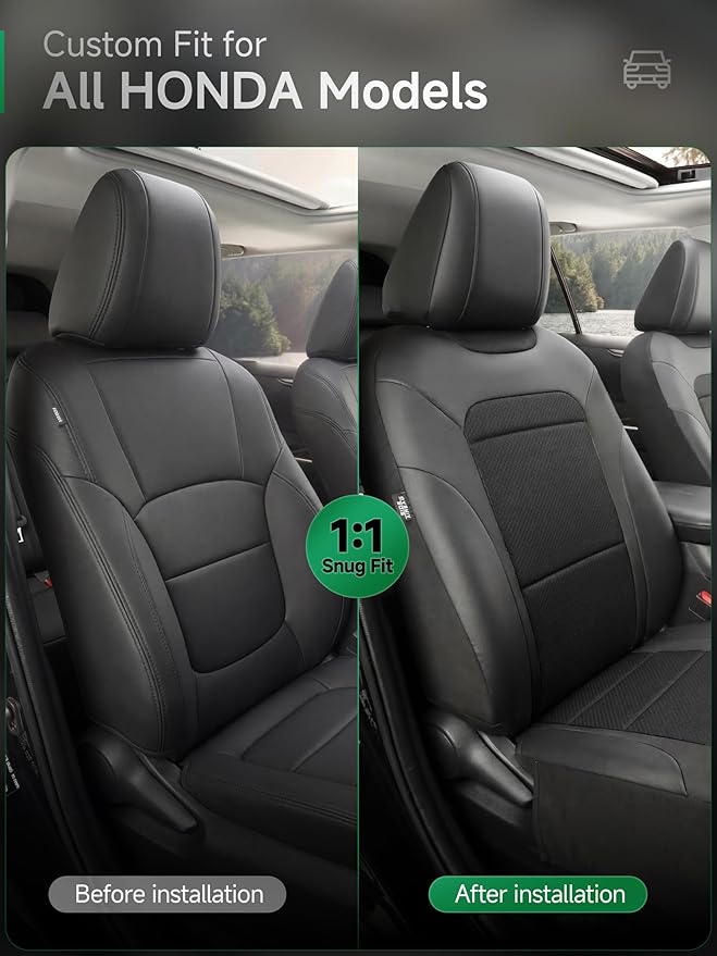 GIANT PANDA Air Cool Mesh Car Seat Cover Custom Fit Honda Civic Accord Pilot CRV HRV Element Passport,Breathable Cooling Seat Protector with Leather Back Pannel(Black)