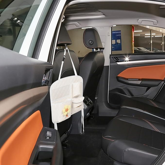 Car Seat Back Storage Organizer Bag, Multifunctional Leather Backseat Car Organizer with Hanging Pockets, Beige Quilted Design for Suv and Family Travel Interior