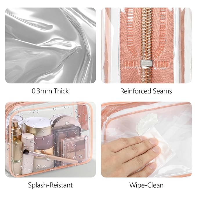 PACKISM TSA Approved Toiletry Bag - Clear Makeup Bag 3 Pack Medium, Metal Smooth Zipper Quart Size Bag for 3-1-1 Liquids, Travel Makeup Bag for Women Men, Airport Airline Compliant Bag, Rose Pink