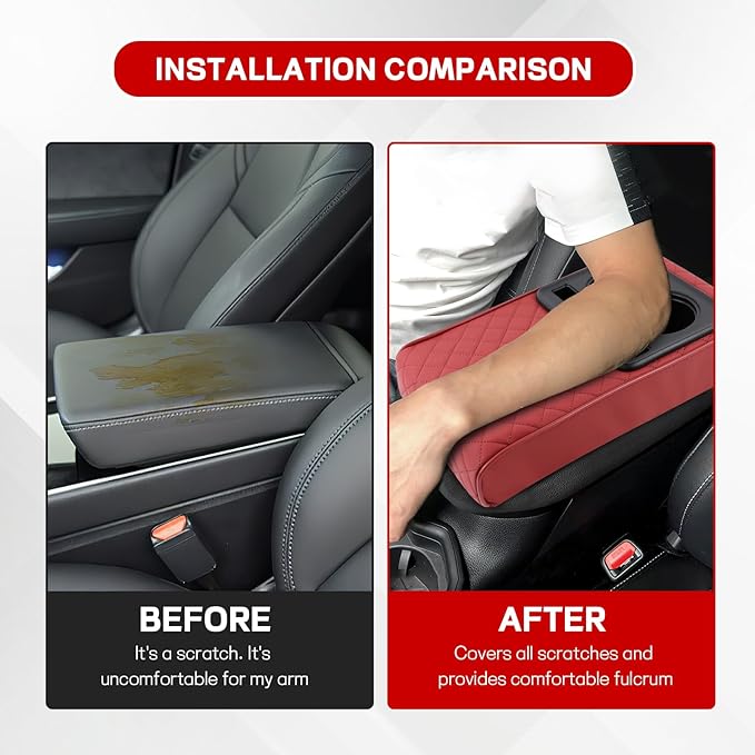 Car Center Console Armrest Pillow, 13.19"×7.87" Leather Car Arm Rest Cover, Memory Foam Auto Armrest Cushion with Cup Holder Phone Slot, Universal Vehicle Middle Console Cushion Pad (Wine Red)