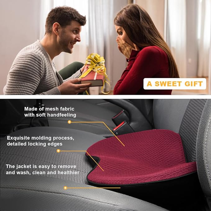Car Seat Cushion, Auto Memory Foam Wedge Seat Pad, Sciatica Tailbone Low Back Pain Relief Pillow for Driver, Breathable Non Slip Orthopedic Support Pad, Car Accessories (Red)