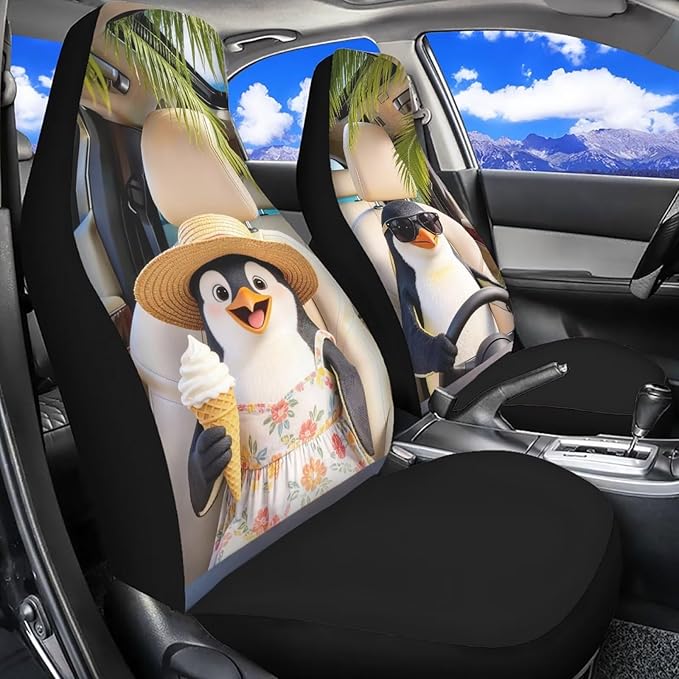 Penguin Front Car Seat Cover 2 Pcs Cute Automobile Front Seat Covers Anti-Slip Back Fabric Protection Interior Accessories Universal Fit for Most Cars SUVs and Sedans