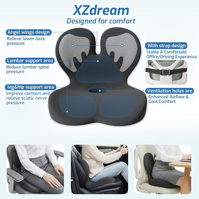 Ergonomic Seat Cushion,Office Chair Cushion with Lumbar Support Pillow,Memory Foam Car Seat Cushions,Designed for Sciatica, Tailbone,Back Pain,Back Cushion for Office,Car,Home Desk Chair