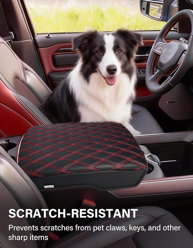 Center Console Cover for 2019-2026 Dodge Ram 1500 2500 3500 Accessories, Vinyl Leather for 5th Ram 1500 Armrest Cushion Pad Anti-Scratch, Black/Red Stitching(Bucket Seat Only)