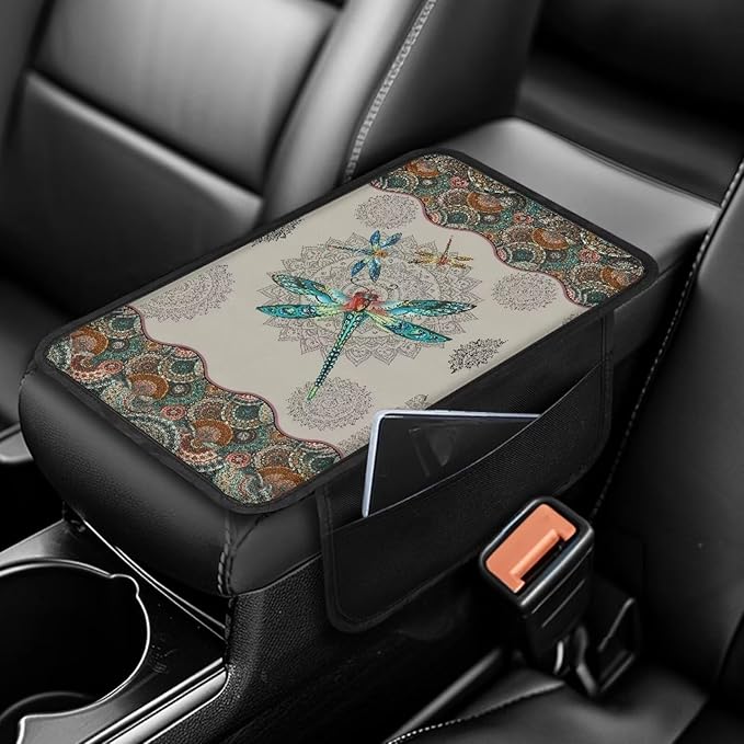 Dragonfly and Boho Mandala Print Car Center Console Cover Wear-Resistan Car Armrest Cover Cushion Lightweight Car Armrest Seat Box Cover Cushion Car Decoration Accessories
