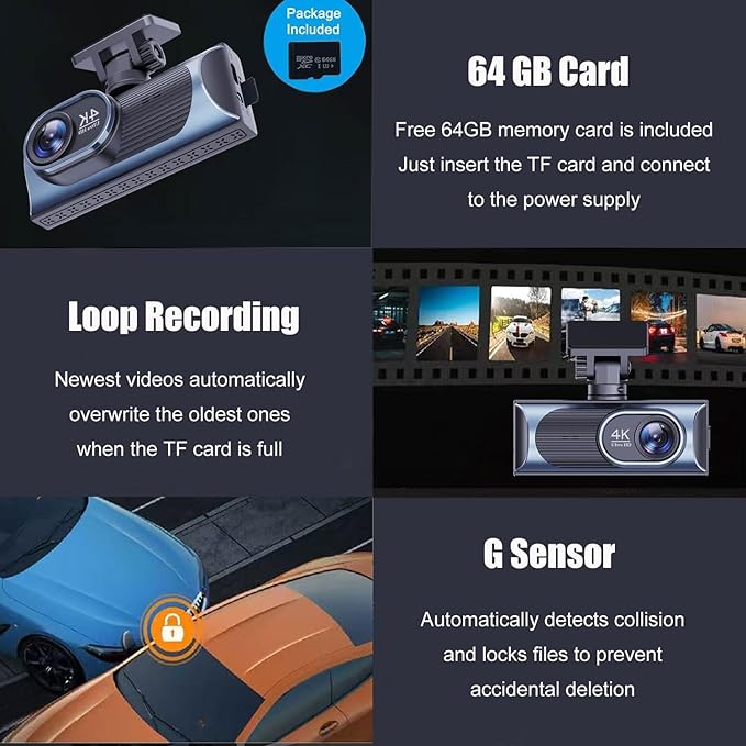 4K Dash Cam Front, WiFi Dash Camera for Cars, Mini Dashcam with Super Night Vision,1.97 Inch Screen, Loop Recording, G-Sensor, WDR, Parking Monitor, 64GB Card Included (4K Mini Dash Cam)