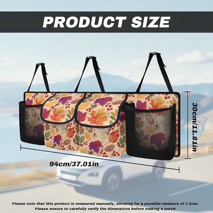 Hanging Car Trunk Organizer, Thanksgiving Maple Leaves Car Back Seat Storage Bag with 4 Pockets Waterproof Auto Interior Accessories for SUV MPV Sedan Truck Jeep