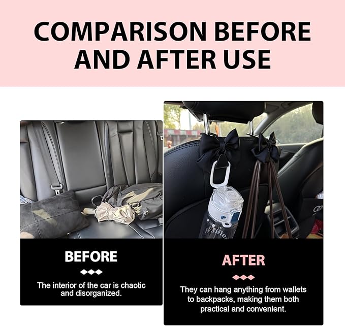 2PCS Car Seat Headrest Hooks, Cute Bow Purse Hook for Car, Vehicle Rear Seat Storage Hooks Hanger for Bag, Umbrellas, Purses, Universal Auto Interior Decorating Accessories (Satin-Black)