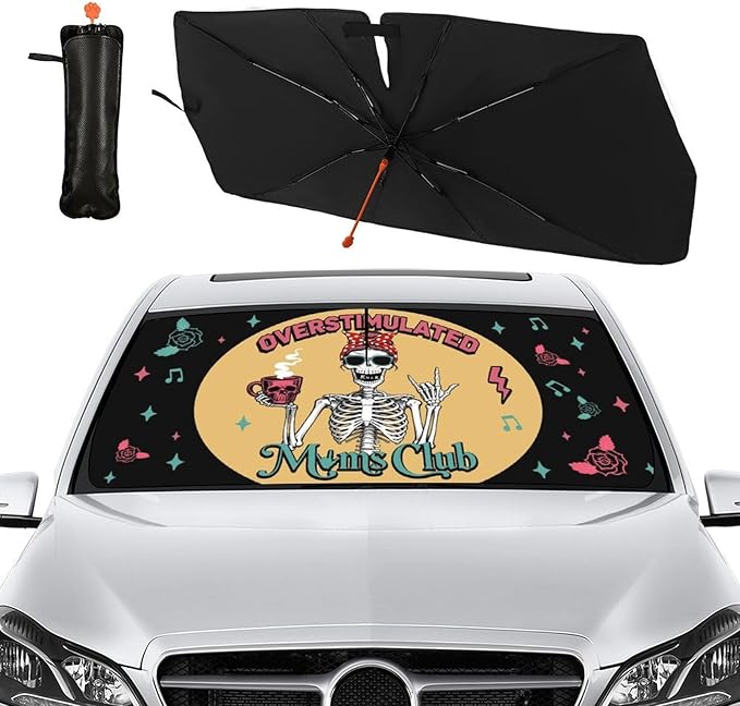 Socira Moms Funny Club Skull Car Windshield Sunshade for Mother Umbrella Foldable Visor Umbrella Cool Sun Shade Cover Sunshade Front Window Cover Car Accessories Mother's Birthday Gifts (57" X 30")