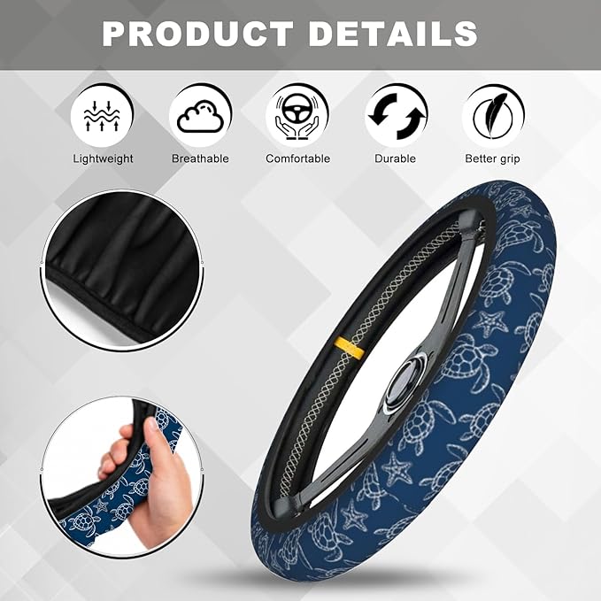 Navy Blue Turtle Steering Wheel Cover, Cute Anti-Slip Breathable Car Accessories Interior Elastic Steering Wheel Cover for Men Women Gifts Fit Auto, SUV Vans Truck Universal 14.5-15 Inch