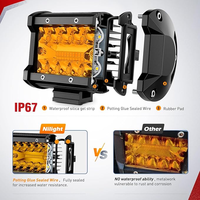 Nilight 4 Inch Amber LED Light Pods 2PCS Triple Row 60W Flood Spot Combo Offroad Driving Fog Lighting for 12V 24V Pickup Truck ATV UTV SUV