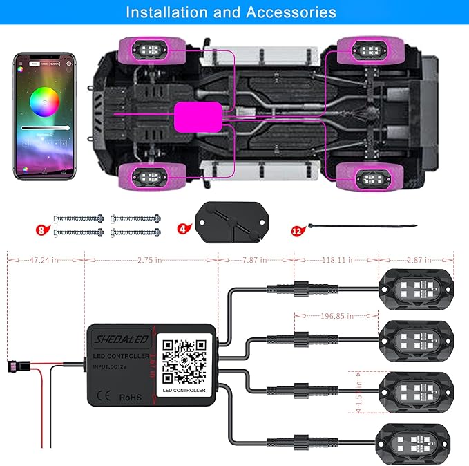 Car RGB LED Rock Lights Kit, 4 Pods High Bright Multilcolor Underglow Neon Lights with APP & Music Mode, IP68 Waterproof Rock Light for Trucks, Cars Decorative Accessories