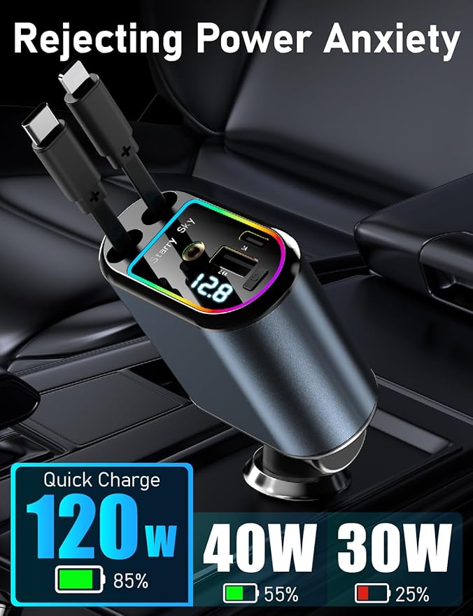 Starlight Retractable Car Charger, Max 120W 4 in 1 Car Accessories with Starlight, Retractable Fast Car Phone Charger with 2 USB Ports for Phones/Tablets/Car Recorders, 31.5inch (Grey)