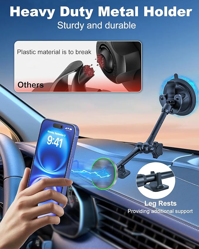 for MagSafe Car Mount [Off-Road Level Shockproof] Metal Arm Magnetic Phone Holders for Your Car Truck, Dashboard Windshield Sunroof Suction Cup Phone Mount for iPhone 16 Pro Max 15 14 13 Plus