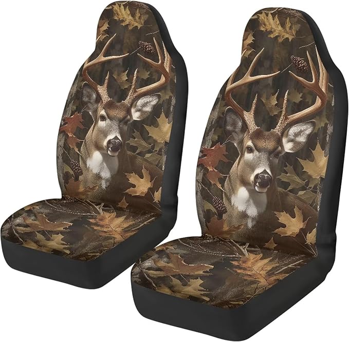 Camo Hunting Deer Car Seat Covers Set of 2 Breathable Front Seat Covers Stretch Polyester Fabric Cover Soft Front Seat Cover Universal Fit for Auto SUV